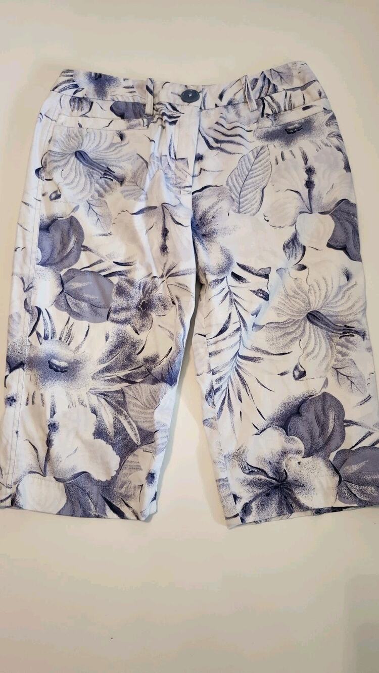 Larry Levine Stretch Women's Size 8 Blue White Floral Tropical Hawaiian #556